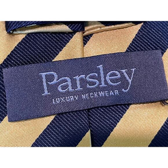 Parsley Luxury Neckwear Yellow Navy Diagonal Striped Silk Tie, 58.5" - Picture 7 of 8
